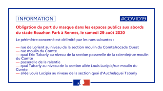Port du masque obligatoire aux abords du stade Roazhon Park de Rennes samedi 29 août 2020